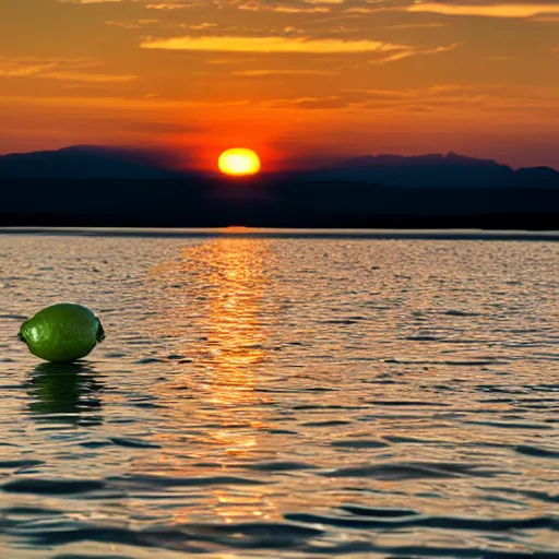 Prompt: 5 0 0 0 mm lens photo of a lime floating in a distant lake, sunset