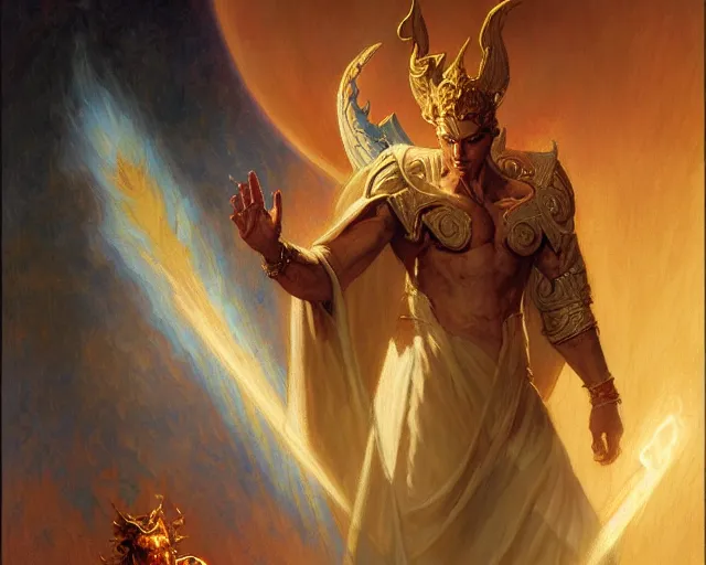 Image similar to attractive male deity, casting demonic magic, summoning handsome lucifer morning star. highly detailed painting by gaston bussiere, craig mullins, j. c. leyendecker 8 k