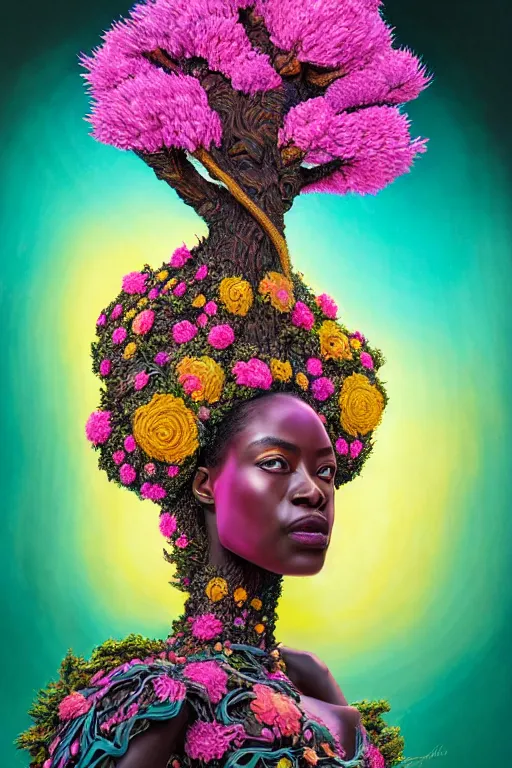 Image similar to hyperrealistic illustration neo - rococo cinematic super expressive! yoruba goddess with exoskeleton armor, merging with tree in a forest, pink yellow flowers, highly detailed digital art masterpiece, smooth etienne sandorfi eric zener dramatic pearlescent soft teal light, ground angle hd 8 k, sharp focus