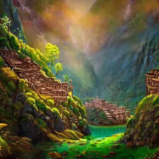 Prompt: an inca city in the middle of a forest lake, ultra detailed, high quality, artstation award winner, oil painting, digital painting, 8k, vibrant, ultra detailed water
