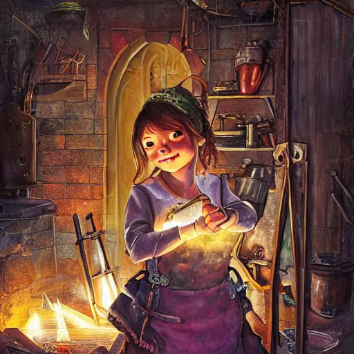 Prompt: the blacksmits’ daughter, working in the forge, a smile at her face, fantasy art in the style of Lilia Alvarado,