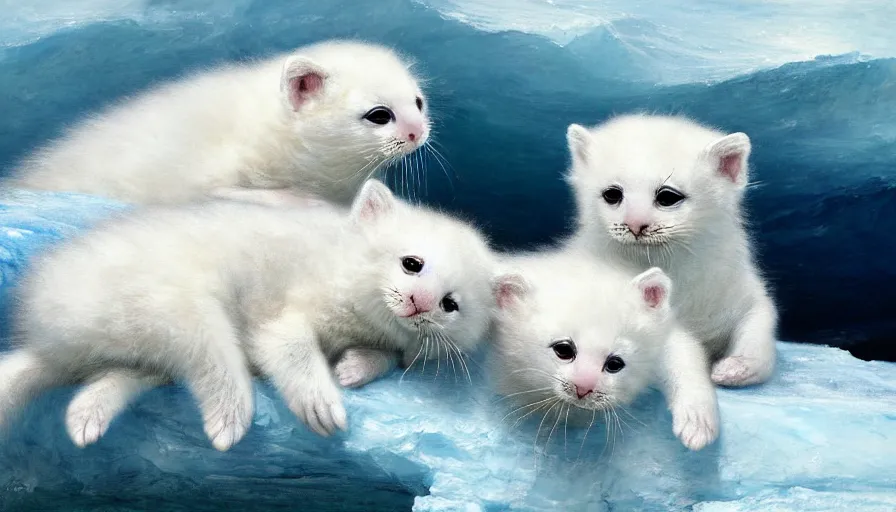 Image similar to highly detailed painting of cute furry white baby seal kittens cuddling into each other on a blue and white iceberg by william turner, by greg rutkowski, by william constable, thick brush strokes and visible paint layers, 4 k resolution