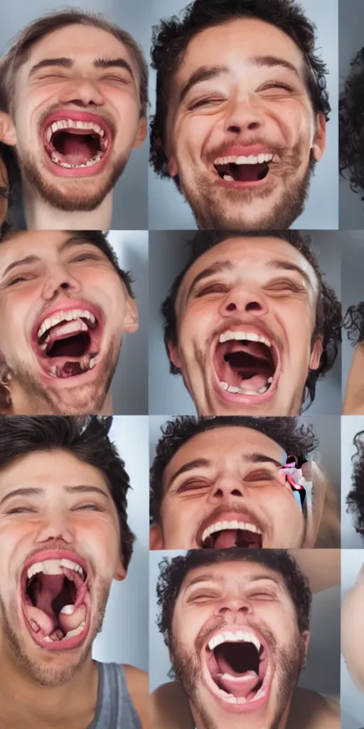 Prompt: composite image of multiple faces laughing with wide open mouths and wide open eyes