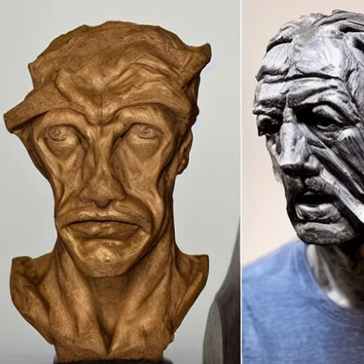 Image similar to a physical sculpture of a struggling human face, one with a horse's face and the other with a human face, by augustus rodin