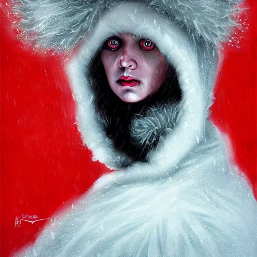 Image similar to horror movie poster art, a red headed woman in a parka in a snowstorm by Francisco Goya, dirk dziminrsky and Marco Mazzoni