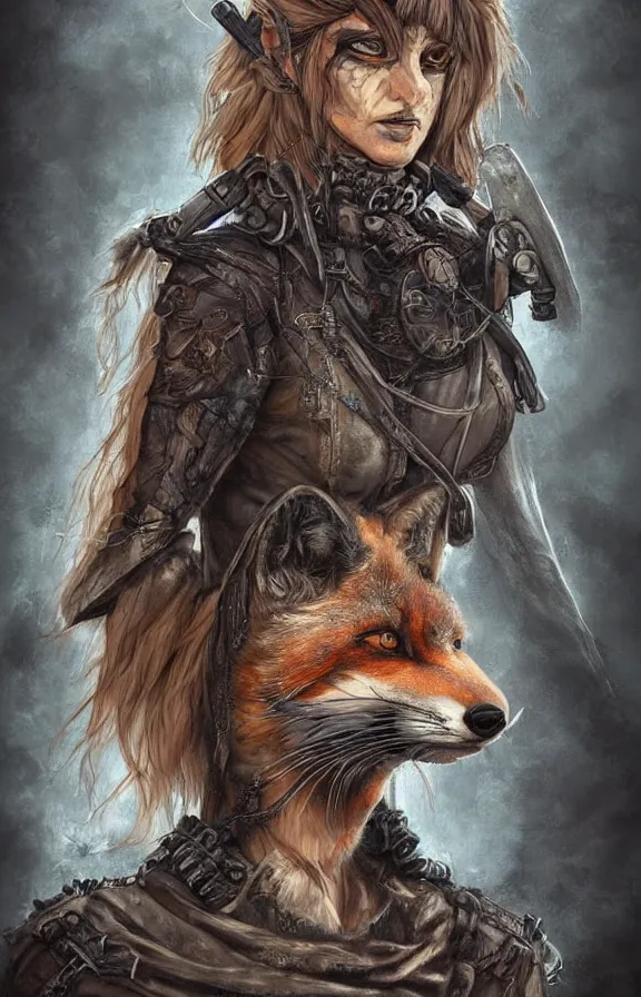 Image similar to realistic detailed portrait of fox warrior, post apocalyptic, gritty, art nouveau, victorian, neo - gothic, gothic, character concept design