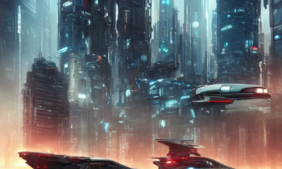 Image similar to cyberpunk, concept art, octane render, detailed, trending on artstation, realistic, futurisric, city, building, flying car, spaceship,