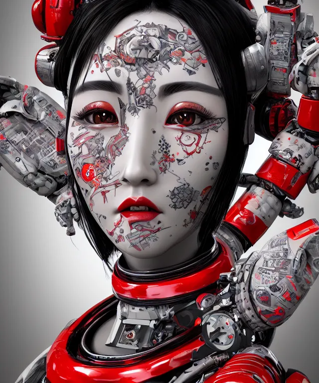 Image similar to an epic fantastic realism comic book style portrait painting of a japanese robotic geisha with kanji tattoos and decals, apex legends, octane render, intricate detail, 4 k hd, unreal engine 5