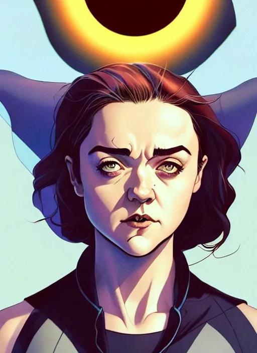 Prompt: Rafeal Albuquerque comic art, Joshua Middleton comic art, cinematics lighting, sunset colors, pretty female Maisie Williams pale white skin Domino Marvel comics and X-Men asymmetrical black paint spot left eye, pale extremely white skin, big smirk, symmetrical face, symmetrical eyes, lblsck hair, with white streak in hair, full body, flying in the air, sunset