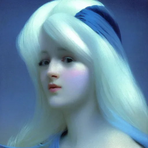 Image similar to a young woman's face, her hair is silver white and she wears an indigo blue satin cloak, by ivan aivazovsky and syd mead and moebius and gaston bussiere and roger dean and pieter claesz and paul delaroche and alma tadema and aelbert cuyp and glenn fabry, hyperrealistic, volumetric light, octane render