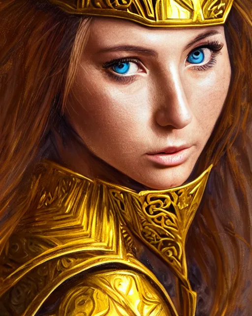 Image similar to gouache portrait of woman in shining golden armor, high production value, intricate details, high resolution, hdr, high definition, masterpiece, realistic, ultrarealistic, highly detailed, hd, sharp focus, non blurry, sharp, smooth