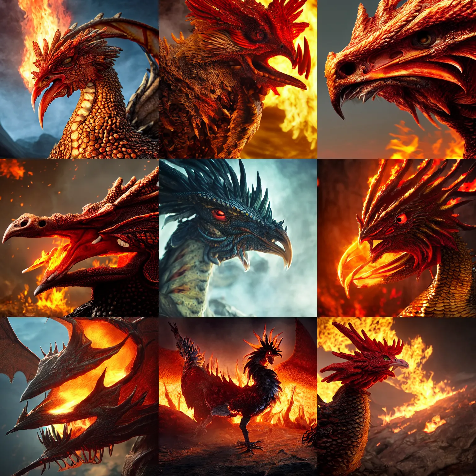 Prompt: a closeup photorealistic photograph of a chicken dragon from hell. elden rings boss. professional capture, well lit shot. fire and flames. trending on artstation, featured on behance, well - rendered, extra crisp, features intricate detail, epic composition and the style of unreal engine.