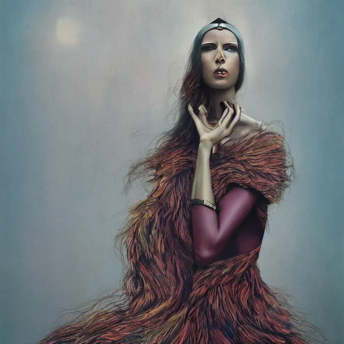 Prompt: gorgeous gucci goddess, future fashion, stylish deity, model, art deco, concept art, gucci, digital painting, beautiful, slick, hd, 1 3 5 mm, by annie leibovitz, by beksinski