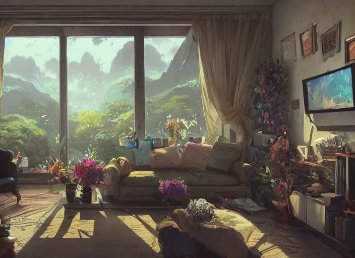 Image similar to inside a living room with flowers, thin contur lines, unreal engine, fantasy art by greg, loish, rhads, ferdinand knab, tom bagshaw, makoto shinkai and lois van baarle, rossdraws, ilya kuvshinov, night lighting, trending on studio ghibli, highly detailed, 8 k, octane render