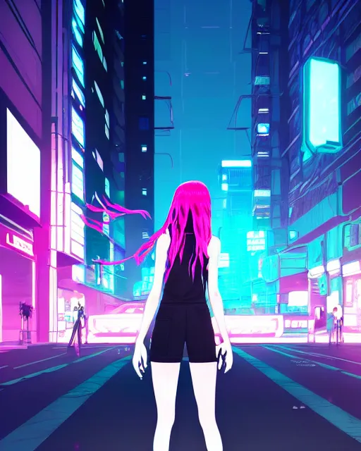 Image similar to digital illustration of cyberpunk pretty girl with pink hair, standing by a blue ford gt in a street at night, under streetlights, by makoto shinkai, ilya kuvshinov, lois van baarle, rossdraws, basquiat