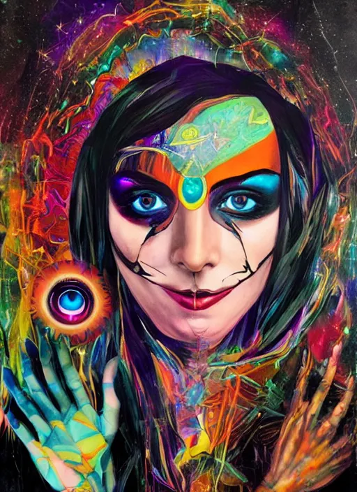Image similar to collage of gorgeous magic cult psychic woman smiling, third eye, energetic consciousness psychedelic, epic surrealism expressionism symbolism, story telling, iconic, dark robed, oil painting, symmetrical face, dark myth mythos, by Sandra Chevrier masterpiece cutout layering