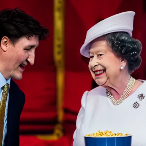 Prompt: photo of the Queen of England body slamming Xi Jinping while Justin Trudeau eats popcorn,