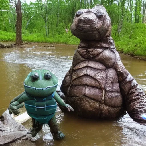 Prompt: giant tardigrade meets an alligator at a river