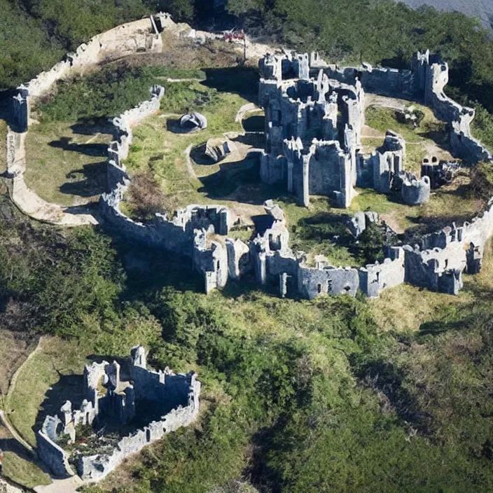 Image similar to aerial view of a punisher fortress from above on a hill by the ocean. castle shaped shaped exactly like the punisher symbol detailed