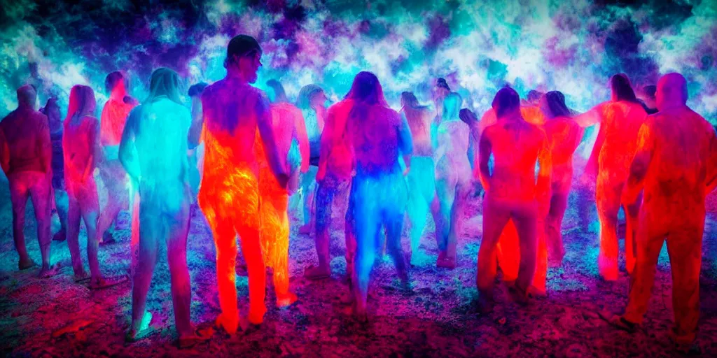 Image similar to love, groups of people in glowing thermal colors, from behind, rebirth, wide angle, cinematic atmosphere, elaborate, highly detailed, thermal heat colors, dramatic lighting