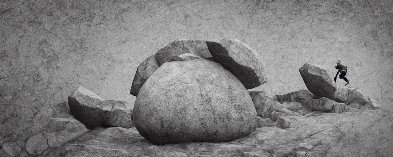 Prompt: Sisyphus pushing a large stone up a mountain, the stone is round, the stone is rolling up, sisyphus looks tired, the mountain is steep, melancholic mood, photo realistic, 8k, HDR, ultra detailed, trending on artstation