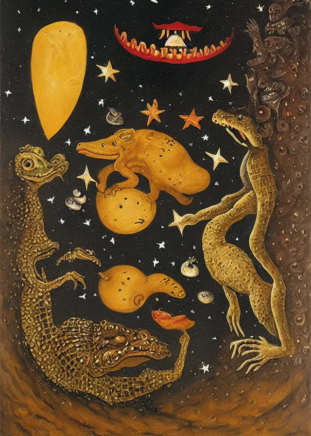 Prompt: the queen of the moon feeding stars to a crocodile with mushrooms growing on it, ominous, dark and poetic, painted on masonite, by remedios varo