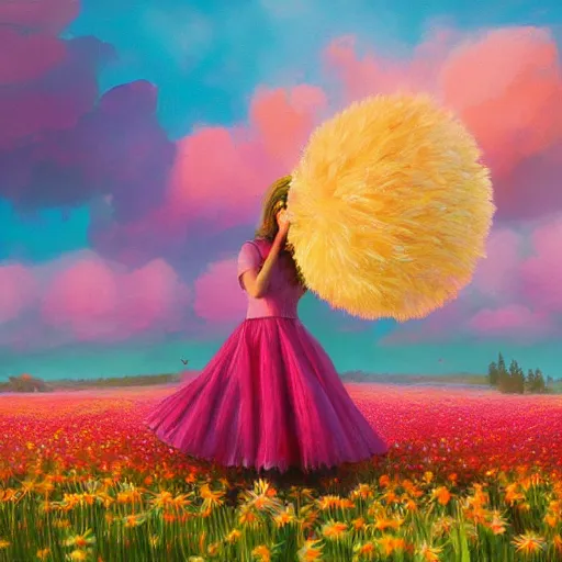 Prompt: giant daisy flower under head, full body girl standing in a flower field, surreal photography, sunrise, dramatic light, impressionist painting, colorful clouds, digital painting, artstation, simon stalenhag