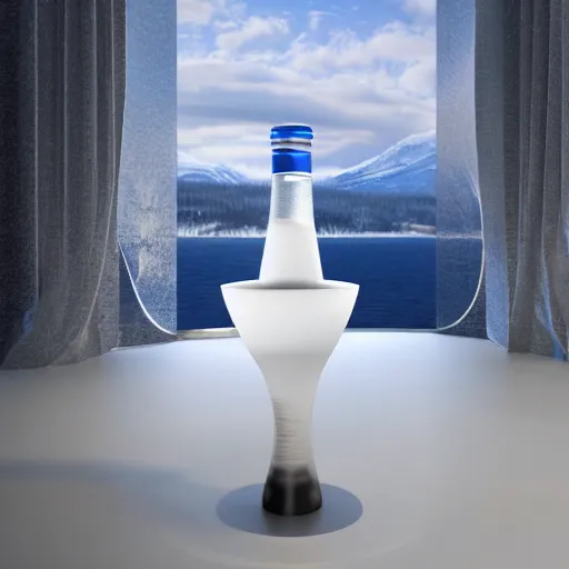 Image similar to frosted wine bottle standing on a white zen clean modern minimalist white yatch in front of large circular portal with frosted mountain view, frozen and covered in ice, by peter tarka and zaha hadid octane highly render, 4 k, ultra hd,