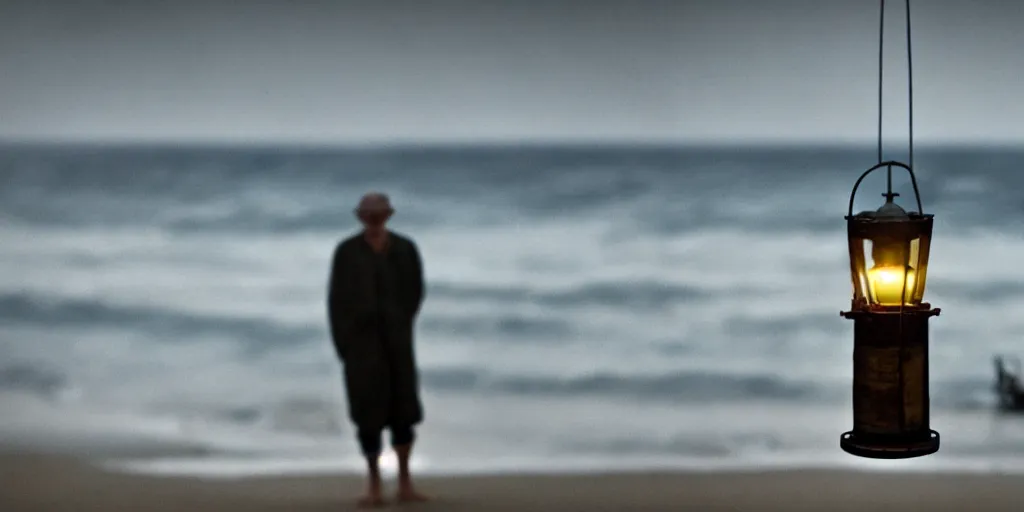 Image similar to film still of closeup old man holding up lantern by his beach hut at night. pirate ship in the ocean by emmanuel lubezki