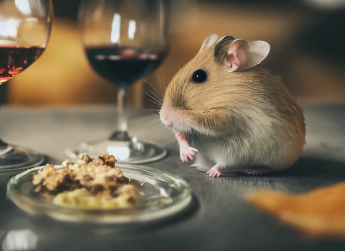 Prompt: photo of a hamsters on a date, stuck in a glass of wine, at night, faded colors, candlelit restaurant table, cinematic color grading, various poses, soft light, centered, sharp focus, 8 k
