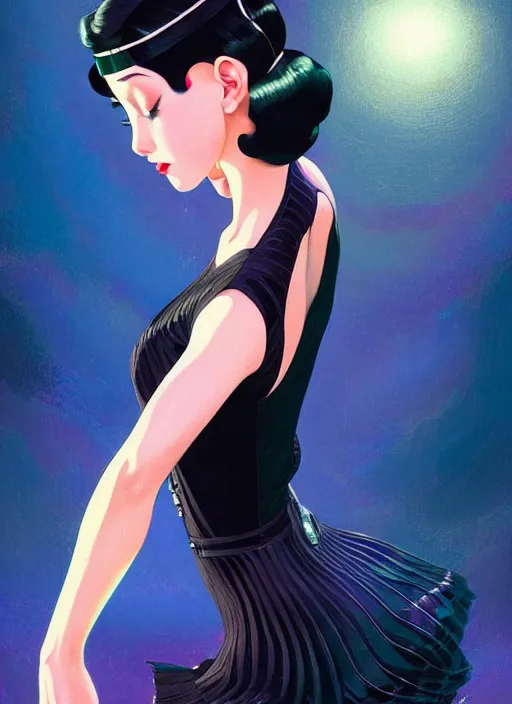 Image similar to a beautiful dancer with black hair in 1930's fashion, ballroom background, intricate, highly detailed, digital painting, artstation, official media, anime key visual, concept art, rich vivid colors, ambient lighting, sharp focus, illustration, art by Artgerm, Makoto Shinkai, Ilya Kuvshinov, Lois Van Baarle, and Rossdraws