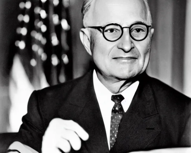 Image similar to Former US president Harry Truman is a reptilian alien, 1951, early black and white photo, cdx