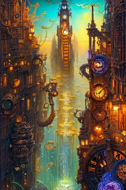 Prompt: intricate city of Atlantis clocks james gurney, dan luvisi, Petros Afshar, tim hildebrandt, liam wong, Mark Riddick, thomas kinkade, ernst haeckel, dan mumford, trending on artstation, josephine wall, WLOP, cgsociety by Gediminas Pranckevicius, trending on cgsociety and DeviantArt