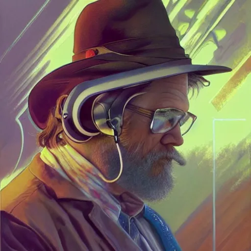 Image similar to high quality illustration, jeff bridges lebowsky realistic portrait, by etam cru, cyberpunk, alphonse mucha, riot game, beautiful, epic camera, colorful background, arcane, league of legend, digital painting, dynamic colors, artstation, concept art, graffiti, neon