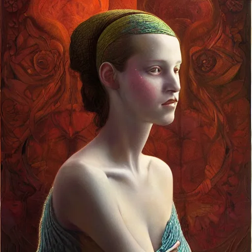 Prompt: A beautiful portrait of a woman with iridescent skin by James C. Christensen