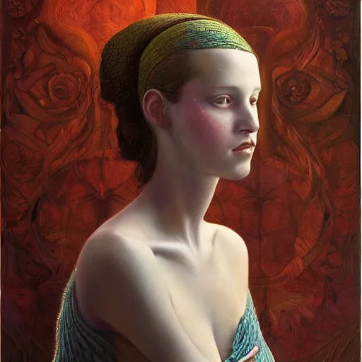 Image similar to A beautiful portrait of a woman with iridescent skin by James C. Christensen