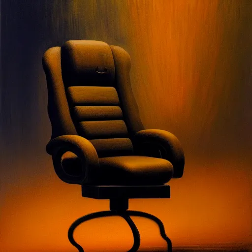 Image similar to gaming chair, painting by zdzisław beksinski, product photograph, 4 k, dark atmosphere