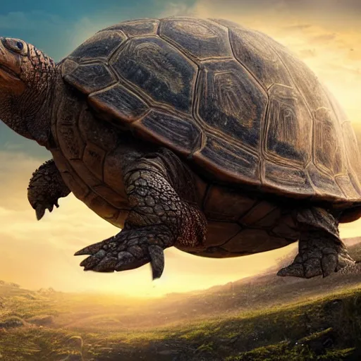 Image similar to tortoise moves across harsh wasteland with sharp rays of sunlight with a large fantasy castle covering the top of the giant tortoise similar to mortal engines or howls moving castle, distant - mid - shot, fantasy, hyper detailed, realistic