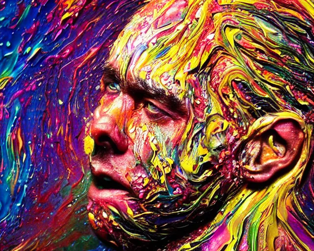 Image similar to still shot close up footage of the portrait of a human head explodes and disintegrates into acrylic pour and splashing paint, motion blur, hyperrealistic, medical, intricate art photography, anatomically correct, realistic crisp textures, 1 6 k