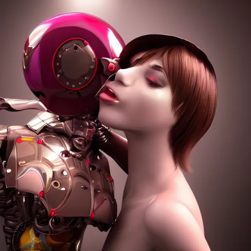 Image similar to kiss of the sweet flirty gynoid, octane, cgi, highly detailed, photorealistic,