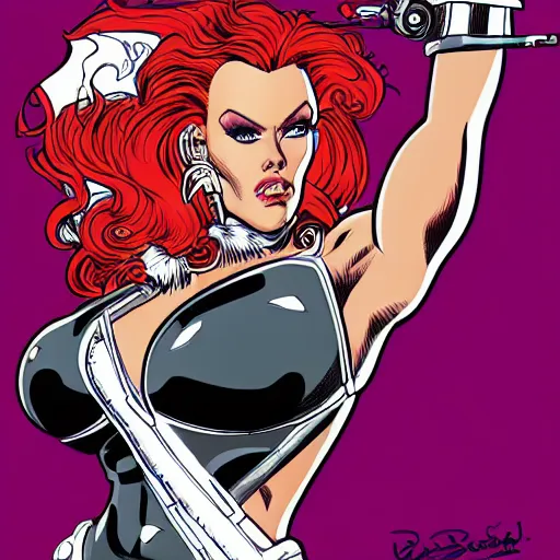 Prompt: precisely drawn illustration of Brigitte Nielsen blended with Red Sonja and Ariana Grande, wide angle, sharp, fine details, French comic style, vibrant realistic colors, full color, heroic fantasy, intense line art, 8k, precise linework, realistic, in the style of Heavy Metal Comics and Richard Corben and Moebius