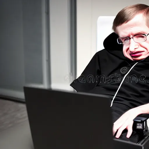 Prompt: Steven Hawking sitting in a dark room with a laptop, wearing a hoodie with a cape on, hacker stock photo, hacking, anonymous, the Matrix