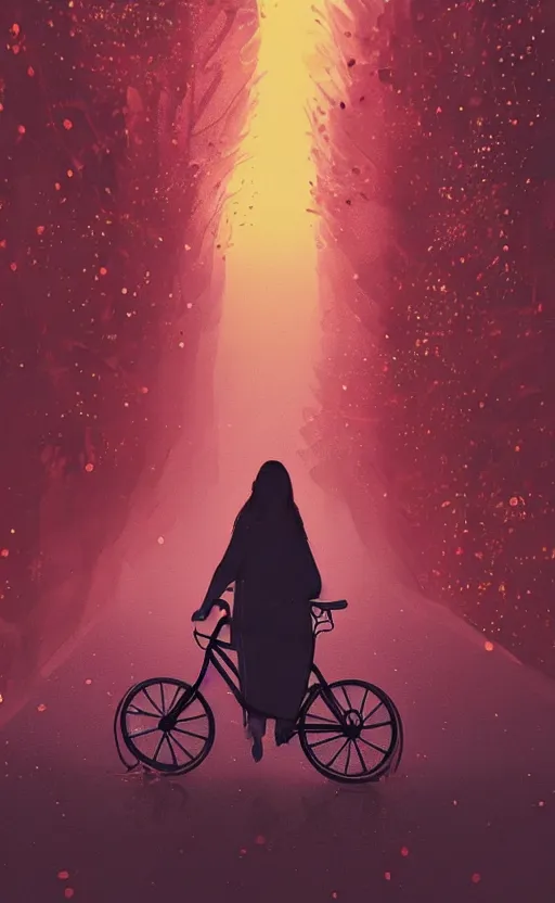 Image similar to a beautiful illustration of a woman riding a bicycle in a rainy night, fiery particles, anime aesthetic, midnight theme, depth of field, bokeh, composition study, featured on artstation, by ilya kuvshinov, vertical orientation
