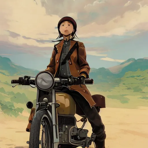 Prompt: anime style, symmetrical facial features, panoramic view, a girl riding a motorbike, vintage, soldier clothing, battlefield in background, hair down, realistic hands, from arknights, hyper realistic, 4 k, extreme detail, trending artstation, safebooru, realistic lighting, by alphonse mucha, greg rutkowski, sharp focus