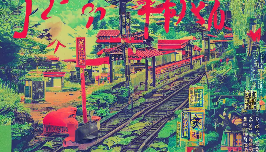 Prompt: Japan rural splendor rail travel and touring c2050, surrealist psychedelic photo-collage painting spot illustration in the style of Newsweek magazine, +81 magazine, muted deep neon color, clean slick design