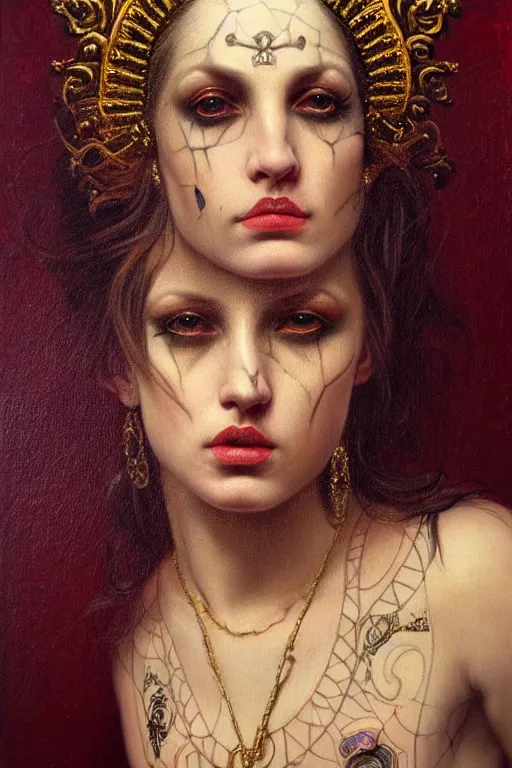 Image similar to hyper realistic painting portrait of punk queen, occult diagram, elaborate details, detailed face, intrincate ornaments, gold decoration, occult art, oil painting, art noveau, in the style of roberto ferri, gustav moreau, jean delville, bussiere, andrew gonzalez