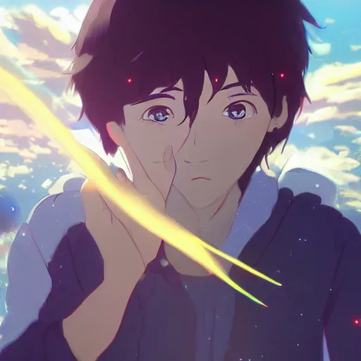 Image similar to A mixed mediart. A rip in spacetime. Did this device in his hand open a portal to another dimension or reality?! extreme close-up by Makoto Shinkai unplanned