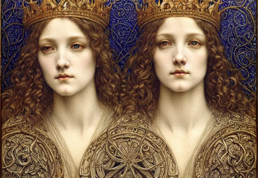 Image similar to detailed realistic beautiful young medieval queen face portrait by jean delville, gustave dore and marco mazzoni, art nouveau, symbolist, visionary, gothic, pre - raphaelite. horizontal symmetry