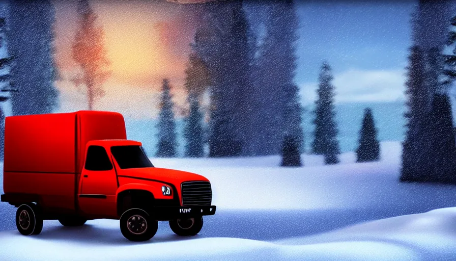 Prompt: spacious warm cozy truck cockpit decorated, digital art, photoshop, beautiful and cozy. winter landscape outside, volumetric lighting, photorealistic rendering, hyperreal