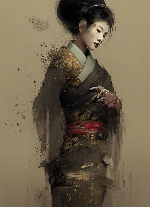 Image similar to female geisha girl, beautiful face, rule of thirds, intricate outfit, spotlight, trypophobia, by greg rutkowski, by jeremy mann